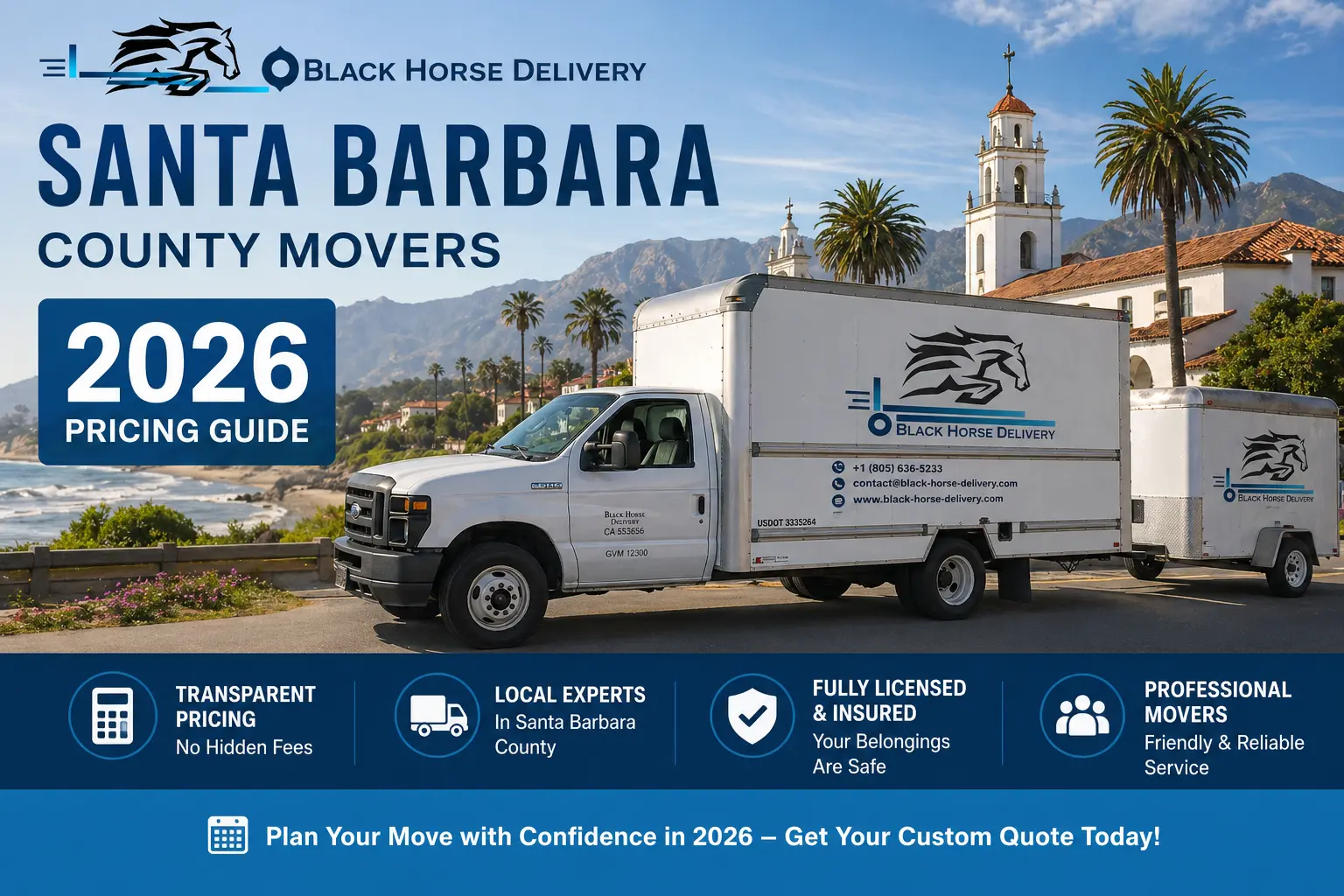Camión de Black Horse Delivery con la guía de precios 2026 para mudanzas en el condado de Santa Bárbara