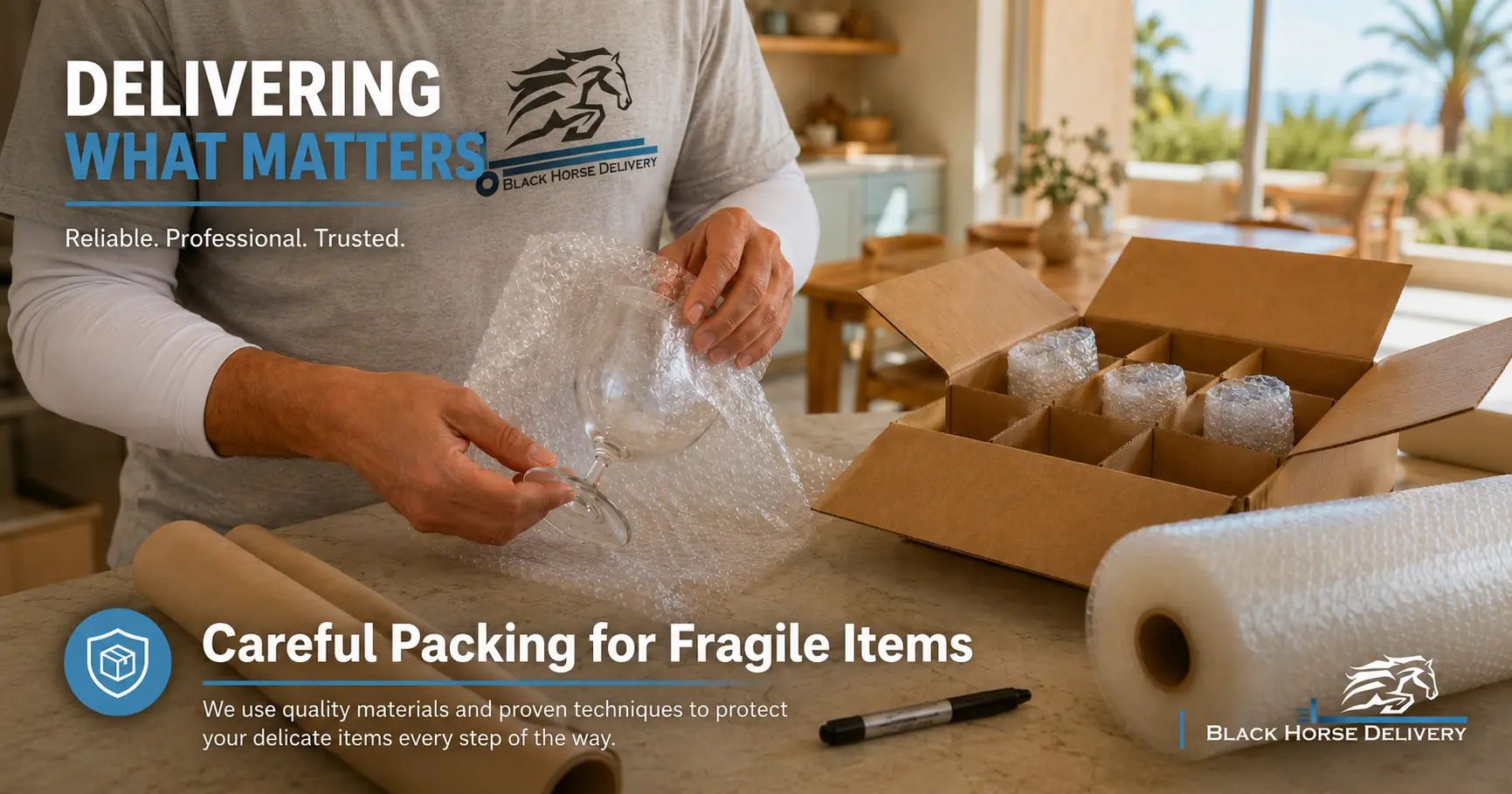 Black Horse Delivery packer wrapping a wine glass in bubble wrap before a Santa Barbara move
